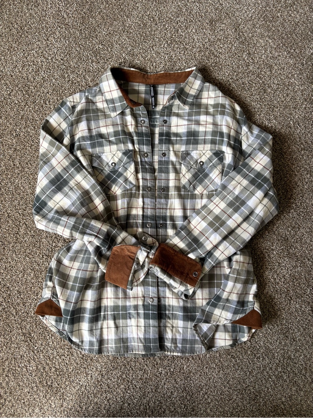 Kuhl Plaid Button-Up Shirt Jacket with Brown Suede Accents